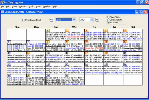 Intuitive Calendar View of Staffing Logbook lists all scheduling for each month.